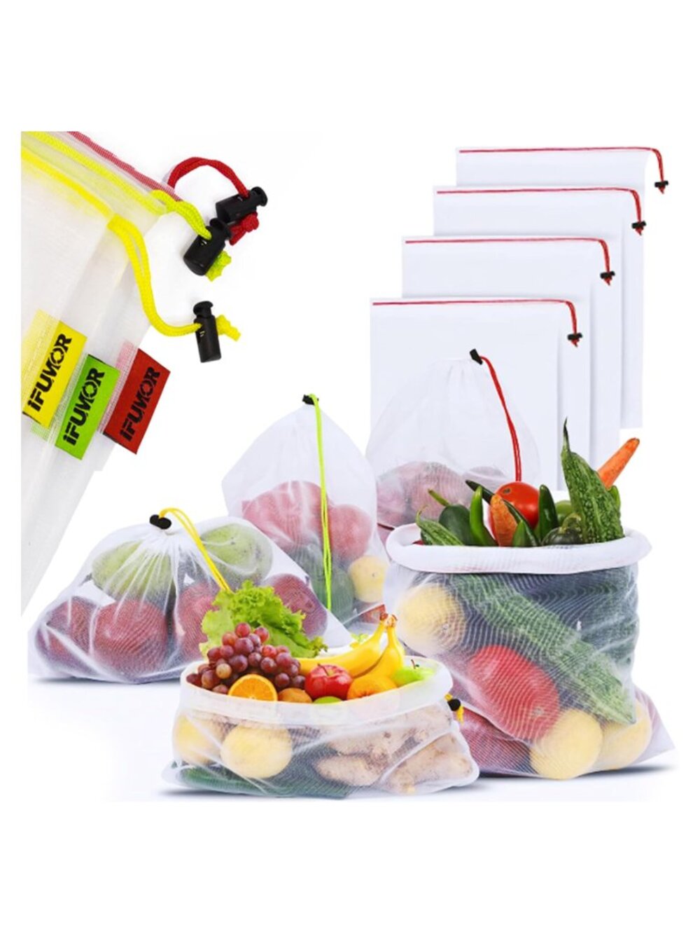 15-Pack Reusable Produce Bags Heavy Duty Washable Mesh Drawstring Eco-Friendly